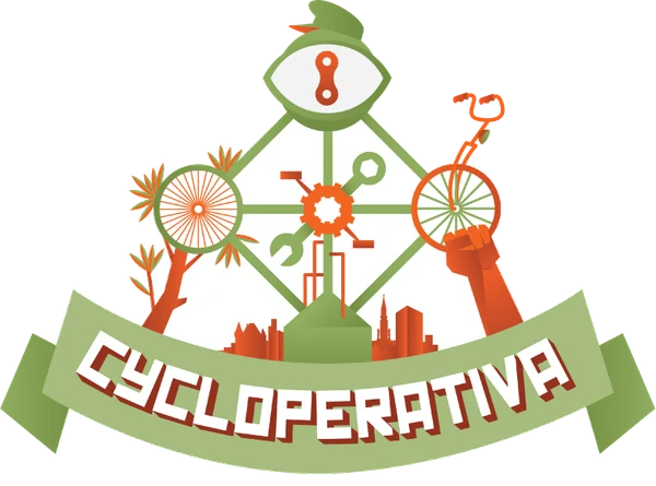 Logo Cycloperativa&nbsp;: un œil de cyclope, un vélo et la skyline de Bruxelles